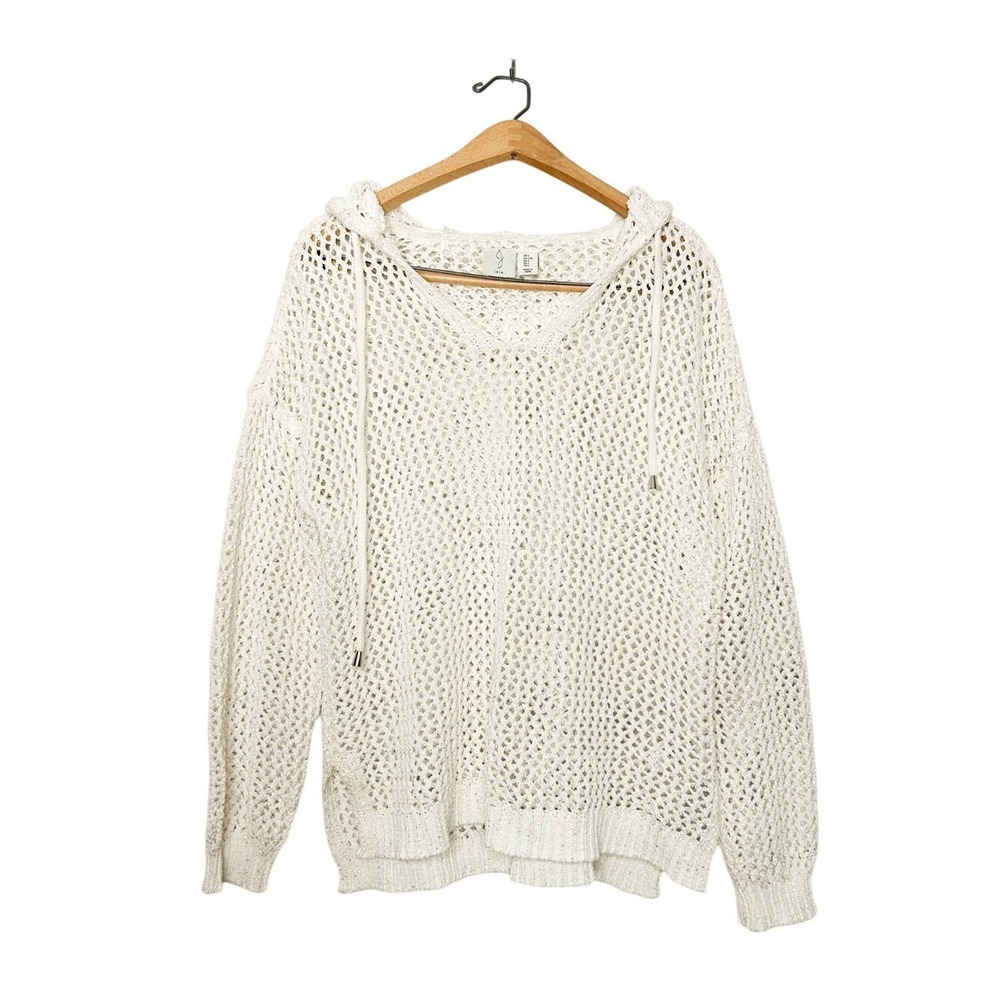 Joie Womens Neutral Open Knit Coastal Sparkle Sweater Hooded Sweatshirt Large L